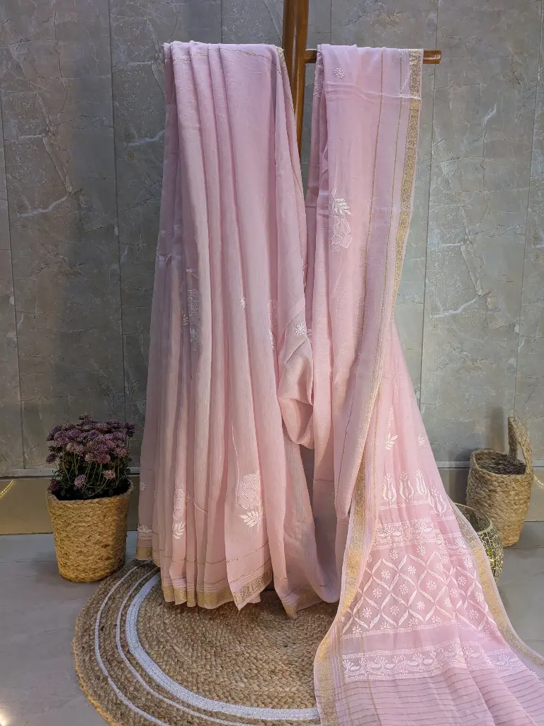 GULABI NOOR  Mul Chanderi Chikankari Saree