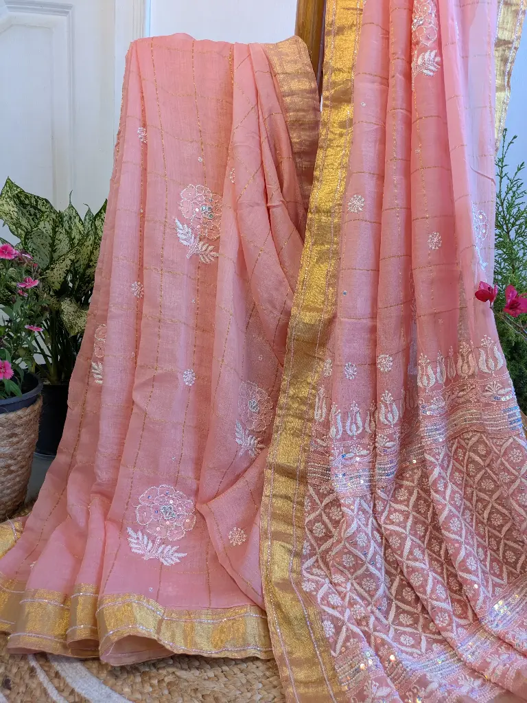 SUNAHRI SHAAM    Mul mul Cotton saree with Sequence and Moti work
