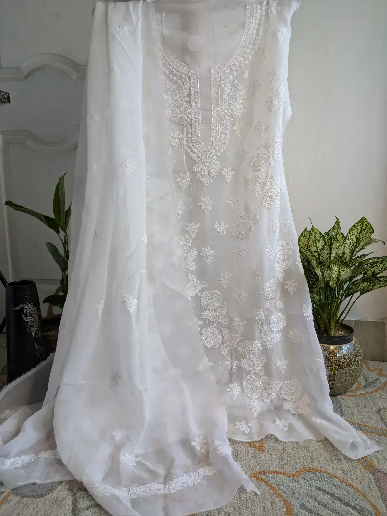 Organza white Chikankari Kurta Set