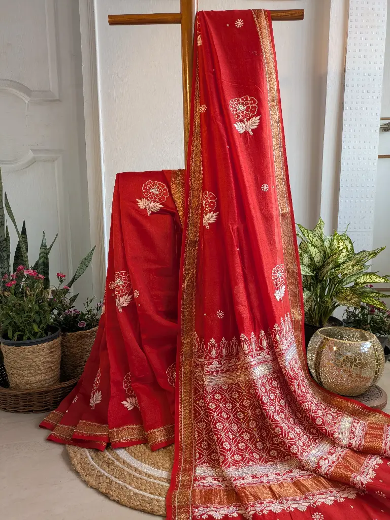 LAL GULAB   Chanderi Silk Saree embellished with sequence, cuttdana and zardozi