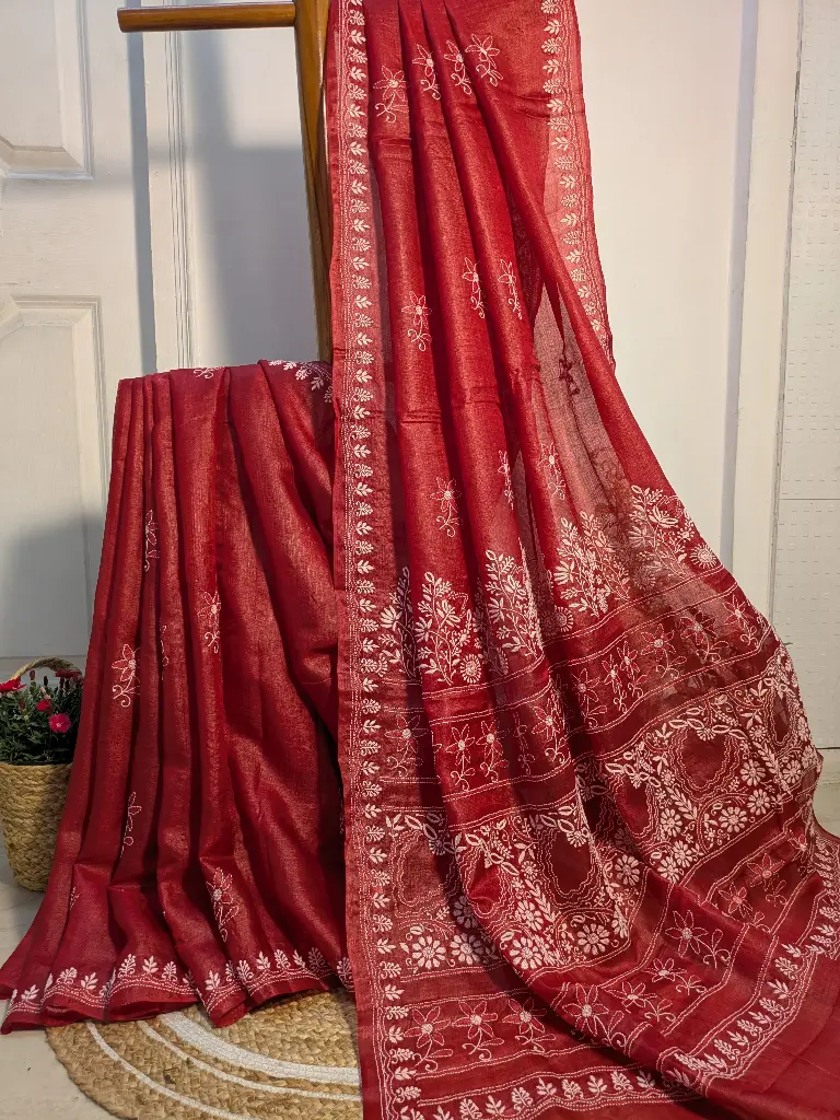 RANGREEZ Saree Tusser Silk with Chikankari work