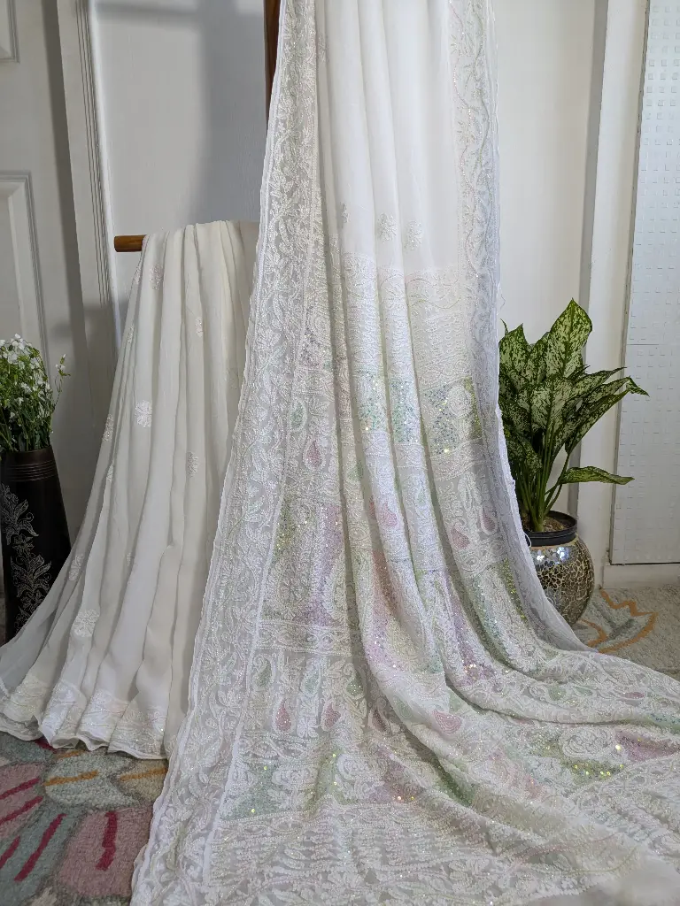 CHANDRIKA  Viscose Chikankari Saree embellished with Cuttdana, Pearl 