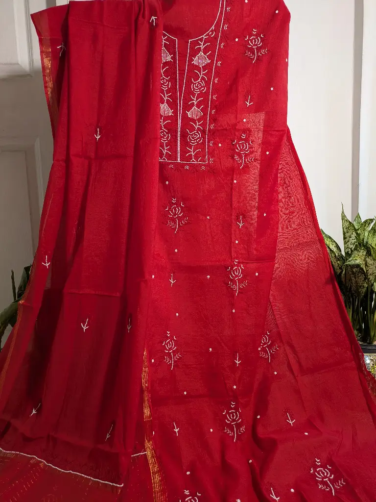 Red Chikankari Kurta with Dupatta embellished with pearl