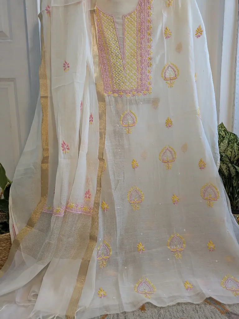 Pink-Yellow Mul Chikankari Kurta Set