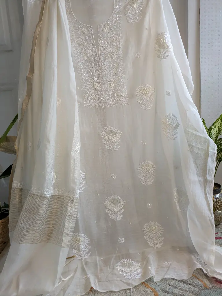 White Mul Chikankari suit set