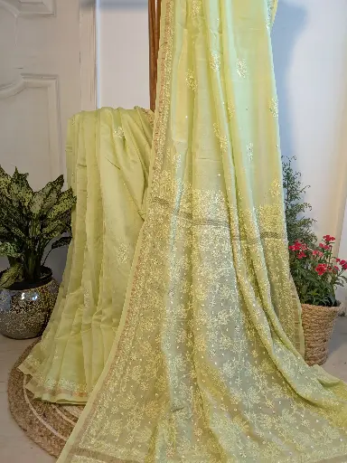 PISTA AANCHAL   Chanderi Silk Saree embellished with moti,cuttdana and zari 