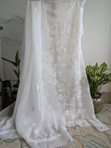 Organza white Chikankari Kurta Set