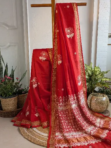 LAL GULAB   Chanderi Silk Saree embellished with sequence, cuttdana and zardozi