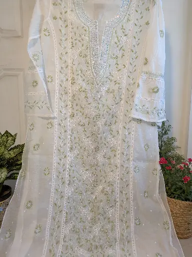  Green Chanderi Chikankari Kurta Set