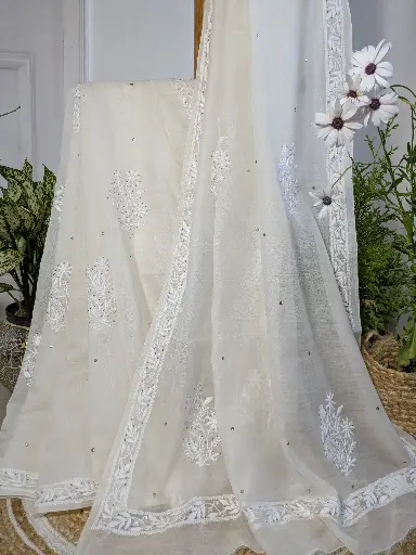 UZMA   Mul Mul Chikankari saree with Mukaish work