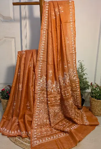 TAMRIKA    Tusser Silk Chikankari Saree 