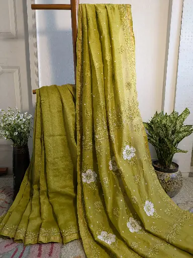 HARSHITA    Chanderi Chikankari Saree with Pearl and Zari work
