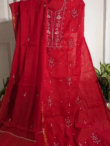 Red Chikankari Kurta with Dupatta embellished with pearl
