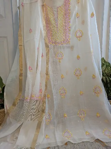 Pink-Yellow Mul Chikankari Kurta Set