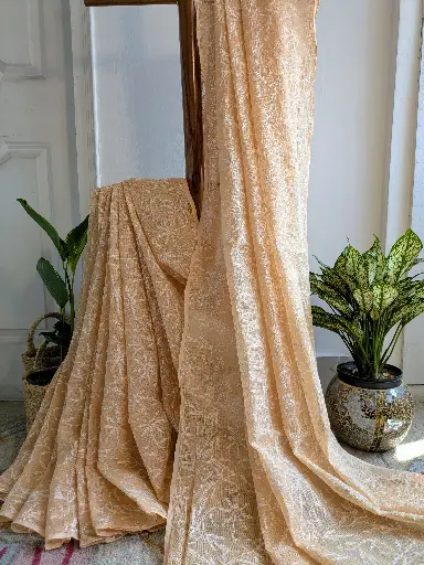 PEACH PARIJAT Kota Chikankari Saree with Tepchi work